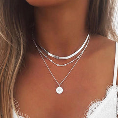Stacked alloy lotus pendant necklace multi-layer neck chain