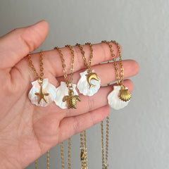 Collar con colgante de acero de titanio chapado en oro de 18 quilates con diseño de estrella de mar, delfín y concha de playa, estilo marinero, venta al por mayor