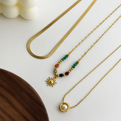 Wholesale Jewelry Elegant Retro French Style SUNFLOWER (Jz001) Pearl 316L Stainless Steel Imitation Pearl Natural Stone 18K Gold Plated Beaded Inlay Pendant Necklace