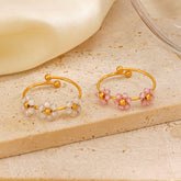 Anillos abiertos de acero inoxidable 304 con cuentas y baño de oro de 18 quilates, estilo IG, con diseño de flor dulce.