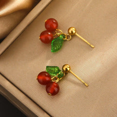 Joyería al por mayor: Lindo conjunto de pendientes y collar de cereza dulce de acero inoxidable 304 chapado en oro de 18 quilates.