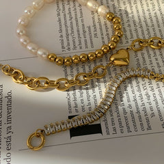 Pulseras de acero inoxidable 304 con circonitas, estilo moderno e informal, con forma de corazón geométrico, chapadas en oro blanco de 16 quilates, disponibles a granel.