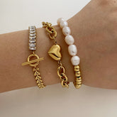 Pulseras de acero inoxidable 304 con circonitas, estilo moderno e informal, con forma de corazón geométrico, chapadas en oro blanco de 16 quilates, disponibles a granel.