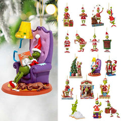 Adornos navideños transfronterizos del Grinch, colgante plano de acrílico 2D, monstruo de pelaje verde, decoración navideña para árbol de Navidad, regalo