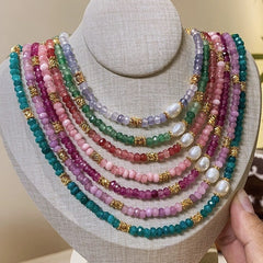Pink glazed crystal natural colored stone pearl beaded necklace women