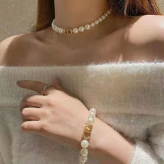 Collar de perlas CD para mujer, cadena para el cuello, cadena para clavícula, 2 piezas