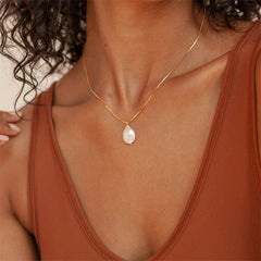 Baroque Freshwater Pearl Necklace Pendant Gold Plated Chain Titanium Steel Jewelry