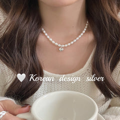 Collar de perlas de arroz de agua dulce naturales de plata esterlina S925 con forma de corazón