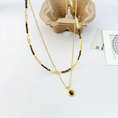 Natural Tiger's Eye Stone White Shell Millet Pearl Necklace Clavicle Chain