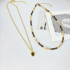 Natural Tiger's Eye Stone White Shell Millet Pearl Necklace Clavicle Chain