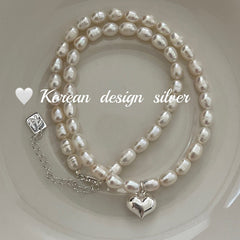 Collar de perlas de arroz de agua dulce naturales de plata esterlina S925 con forma de corazón