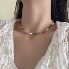 Natural stone pearl colored glass beaded necklace women's collarbone chain