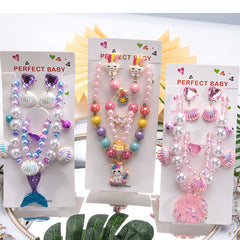 Cartoon Children's Jewelry Handmade Pearl Necklace Bracelet Ring Shell Fishtail Unicorn Jewelry Set
