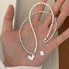 Collar Love de plata de ley 925 con cadena de clavícula de perla natural