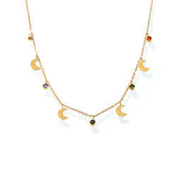 Multi-colored rhinestone tassel plated 18K gold stainless steel moon collarbone necklace