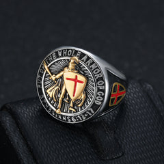 Men's Titanium Steel Gold Plated Ring Templar Red Cross Shield Ring