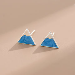 Pendientes de botón geométricos triangulares frescos con personalidad azul del Monte Fuji y esmalte de goteo para mujer