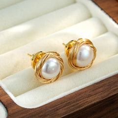 Pendientes de perlas naturales de agua dulce enrolladas a mano de 18 quilates, pendientes de aguja de plata 925, joyería