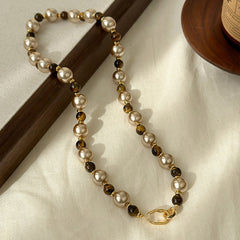 Natural Tiger's Eye Stone Necklace Double Pearl Sweater Chain