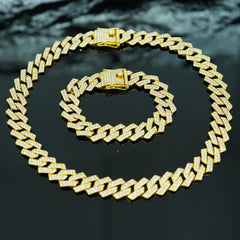Collar de hip hop para hombre, cadena cubana de aleación de 15 mm con rombos de diamantes, doble fila, estilo hip hop