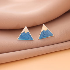 Pendientes de botón geométricos triangulares frescos con personalidad azul del Monte Fuji y esmalte de goteo para mujer