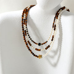 Fashion pearl necklace Maillard tone niche fashion tiger's eye stone beaded literary necklace