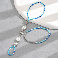 Tobillera con cuentas de arroz y conchas marinas geométricas de estilo bohemio