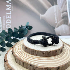 Milan Rope Handwoven Bracelet, Stainless Steel Horseshoe Bracelet, Men's Black Horseshoe Bracelet