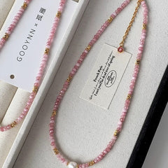 Pink glazed crystal natural colored stone pearl beaded necklace women