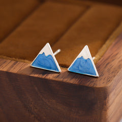 Pendientes de botón geométricos triangulares frescos con personalidad azul del Monte Fuji y esmalte de goteo para mujer