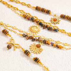 Pulsera de perlas color Maillard, joyería de piedra natural, pulsera de acero titanio para mujer