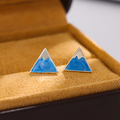 Pendientes de botón geométricos triangulares frescos con personalidad azul del Monte Fuji y esmalte de goteo para mujer