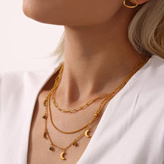 Multi-colored rhinestone tassel plated 18K gold stainless steel moon collarbone necklace