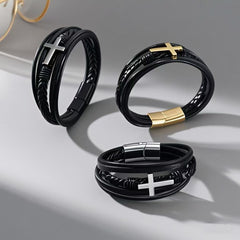 Pulsera de cuero cruzada para hombre, multicapa, tejida a mano, con hebilla magnética