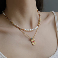 Natural Pearl Necklace Beaded Clavicle Chain Gold Glazed Pendant