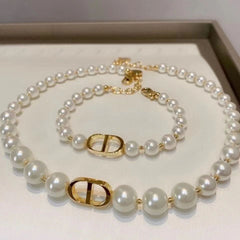 Collar de perlas CD para mujer, cadena para el cuello, cadena para clavícula, 2 piezas