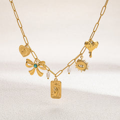 Wholesale Jewelry Classic Style Devil's Eye Heart Shape Bow Knot Titanium Steel Plating Pendant Necklace