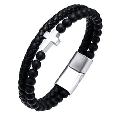 Men's Black Frosted Bracelet Black and White Alloy Cross Leather Braided Magnetic Bracelet