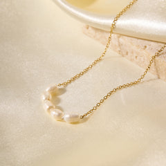 Stainless Steel Necklace 18K Gold Plated Clavicle Chain Natural Freshwater Pearl Necklace
