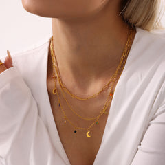 Multi-colored rhinestone tassel plated 18K gold stainless steel moon collarbone necklace