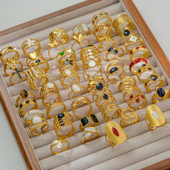 Anillo abierto geométrico de acero inoxidable 304 con piedra natural (compra mínima de 10 piezas)