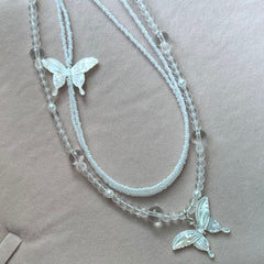 Butterfly Millet Bead Pearl Necklace Natural White Fritillary Transparent White Crystal Necklace Double Layer women