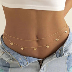 Cadena para el cuerpo con concha, mariposa, perla, hoja, caracola pequeña, estrella de mar, flecos, cadena para la cintura, 2 unidades