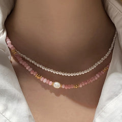 Pink glazed crystal natural colored stone pearl beaded necklace women