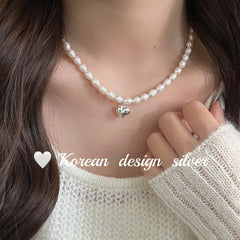 Collar de perlas de arroz de agua dulce naturales de plata esterlina S925 con forma de corazón