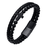 Men's Black Frosted Bracelet Black and White Alloy Cross Leather Braided Magnetic Bracelet