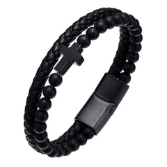 Men's Black Frosted Bracelet Black and White Alloy Cross Leather Braided Magnetic Bracelet
