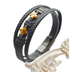 Stainless Steel Bracelet Men's Tiger's Eye Bracelet, Cross Bracelet Magnet Buckle Jewelry