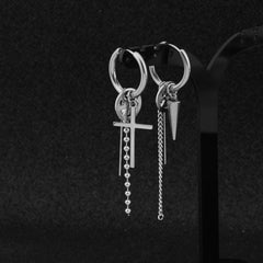Men's earrings, cross, single steel chain, long tassel