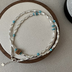 S925 Sterling Silver Green Pine Rice Bead Necklace Clavicle Chain